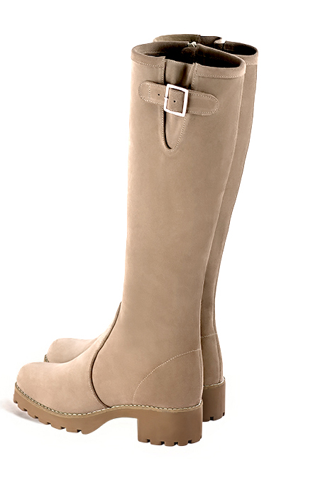 Tan beige women's knee-high boots with buckles.. Made to measure. Rear view - Florence KOOIJMAN
